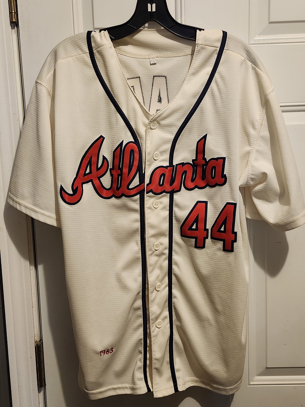 Atlanta Men's Cream Baseball Jersey with Red Script